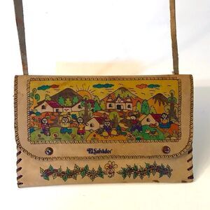 Hand tooled vintage leather crossbody mini bag